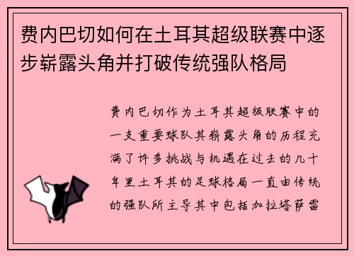 费内巴切如何在土耳其超级联赛中逐步崭露头角并打破传统强队格局 费内巴切如何在土耳其超级联赛中逐步崭露头角并打破传统强队格局