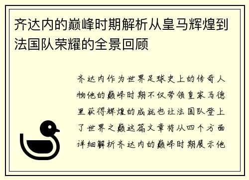 齐达内的巅峰时期解析从皇马辉煌到法国队荣耀的全景回顾 齐达内的巅峰时期解析从皇马辉煌到法国队荣耀的全景回顾