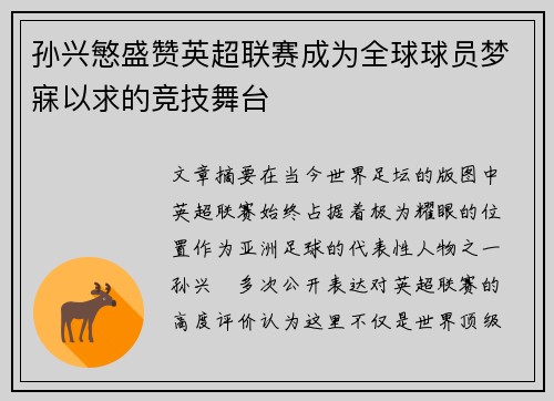 孙兴慜盛赞英超联赛成为全球球员梦寐以求的竞技舞台